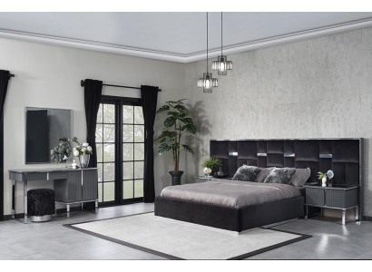 Diseño completo de dormitorio: cama, 2 mesitas de noche y tocador de lujo.