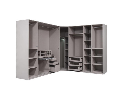 Diseño de armario de esquina, muebles de dormitorio de lujo de madera, armario moderno.