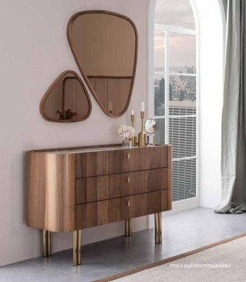 Cómoda de color marrón con espejo para dormitorio. Diseño de muebles de lujo modernos.