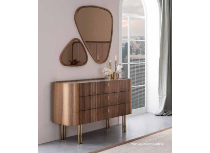 Cómoda de color marrón con espejo para dormitorio. Diseño de muebles de lujo modernos.