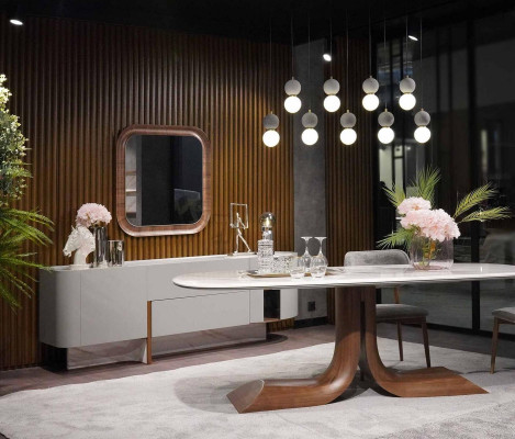 Conjunto completo de comedor de lujo de 7 piezas con bufé, espejo y mesa de comedor nueva.
