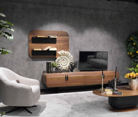 Conjunto completo de pared para sala de estar en color marrón, muebles de sala de estar, estantes de pared nuevos.