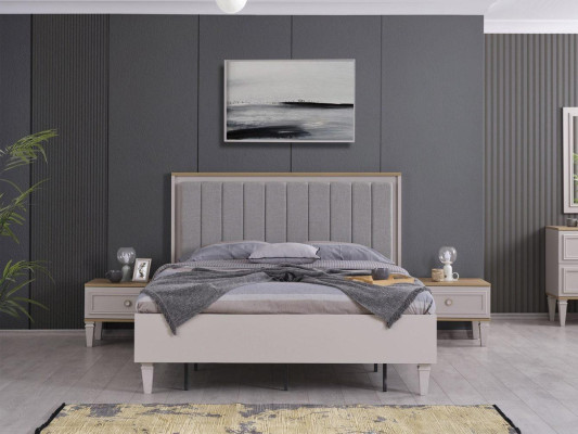Conjunto de dormitorio de cama doble con mesitas de noche de madera gris, juego de 3 piezas.