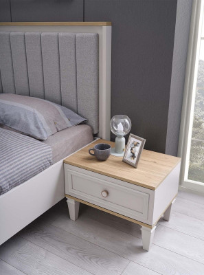 Conjunto de dormitorio de cama doble con mesitas de noche de madera gris, juego de 3 piezas.