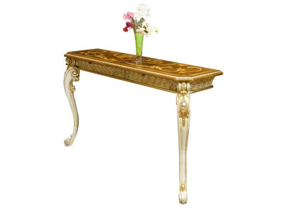 Mesa consola de estilo rústico clásico con patas talladas en aspecto dorado.