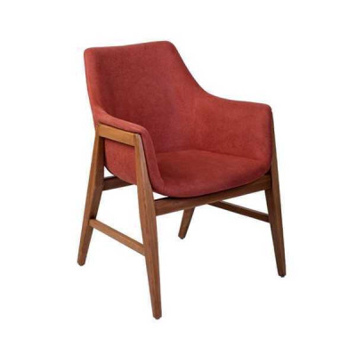 Moderno sillón de tela tapizada de diseño color marrón-rojo para una persona.