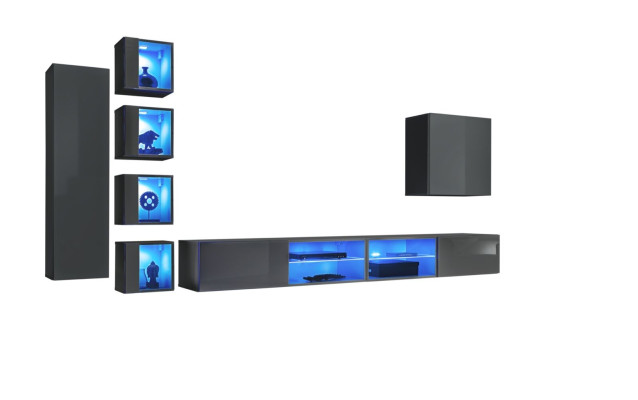 Mueble de pared de lujo 3x, muebles de salón en negro con estantes.