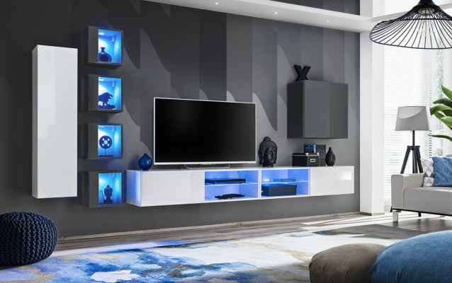 Mueble de pared blanco, armario de pared del diseñador, muebles de salón, mobiliario, conjunto de mobiliario.