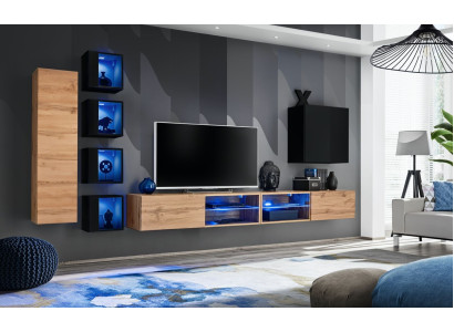Mueble de pared moderno de diseñador completo con estantes, soporte para TV y armario de madera.