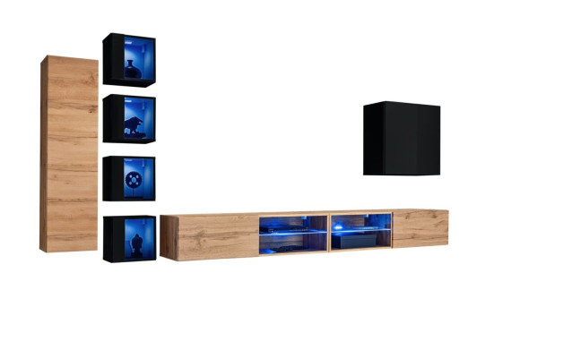 Mueble de pared moderno de diseñador completo con estantes, soporte para TV y armario de madera.