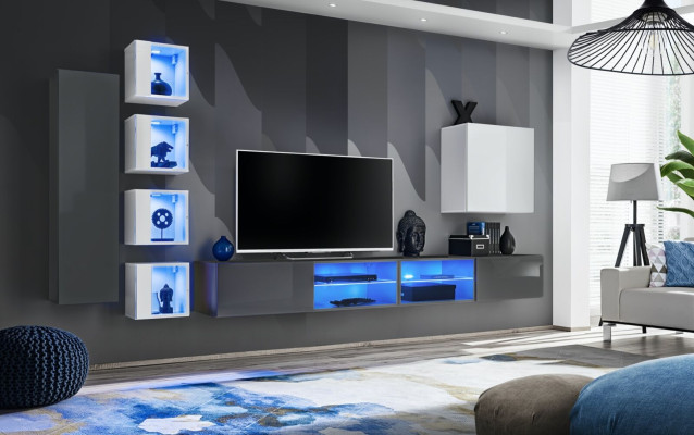 Conjunto de sala de estar gris, estanterías de pared, armario, muebles de sala de estar, decoración, conjunto de lujo de 7 piezas.