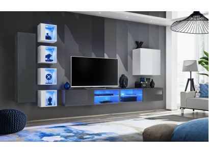 Conjunto de sala de estar gris, estanterías de pared, armario, muebles de sala de estar, decoración, conjunto de lujo de 7 piezas.
