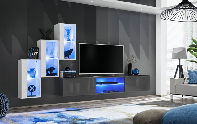 Aparador gris conjunto de soporte de TV pared completa estante de pared de combinación.