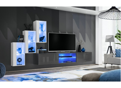 Aparador gris conjunto de soporte de TV pared completa estante de pared de combinación.
