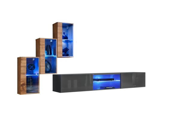 Conjunto de diseño moderno para sala de estar con estantes de pared y soporte para TV, incluye 3 armarios de pared.