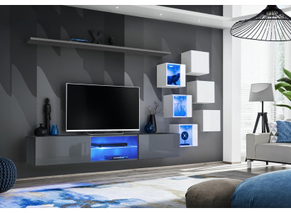 Muebles de pared de lujo de diseñador en gris, estante de pared, armario de pared, conjunto de decoración.