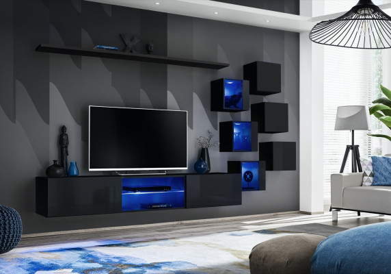 Conjunto de sala de estar completo negro de lujo muebles de madera diseño moderno armario de pared.