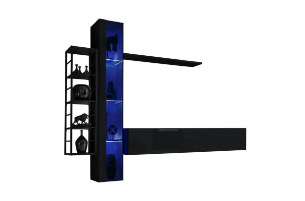 Mueble de pared negro, soporte de TV de diseñador, muebles de salón, mueble completo para el salón.