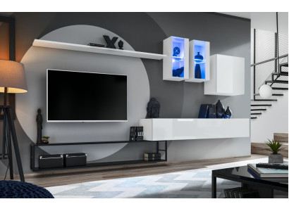 Mueble de salón completo de diseño de lujo en blanco con soporte para TV y aparador.