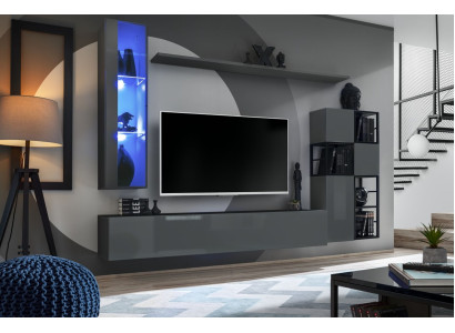 Mueble de salón gris de diseñador, vitrina colgante, soporte para TV completo, aparador de alto brillo.