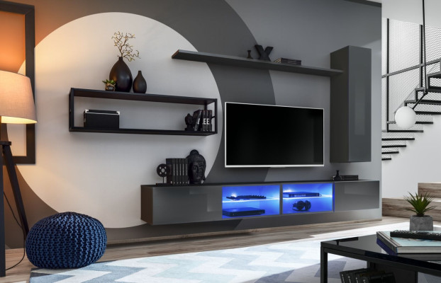 Gris Conjunto de muebles de salón de lujo para sala de estar, armario de pared completo, estanterías nuevas.