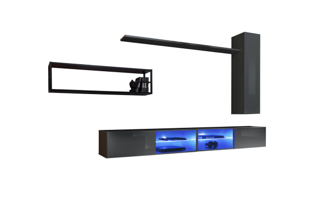 Gris Conjunto de muebles de salón de lujo para sala de estar, armario de pared completo, estanterías nuevas.