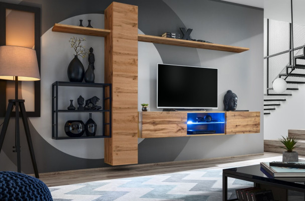 Mueble armario de pared de lujo para sala de estar en color marrón con 3 estantes de pared.