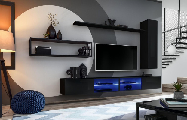 Conjunto de muebles de salón negro, estante de pared, estanterías de pared de lujo, nuevo
