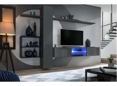 Muebles de salón, conjunto de pared de 270 cm, armario de pared, mobiliario gris de lujo, estanterías de pared.