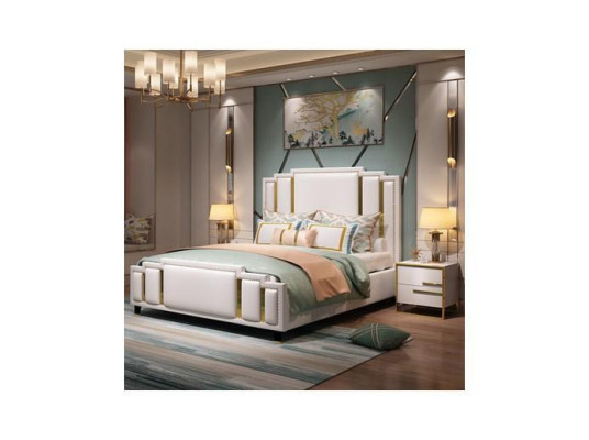 Diseño lujoso de cama de cuero con cabecero, cama doble de hotel.
