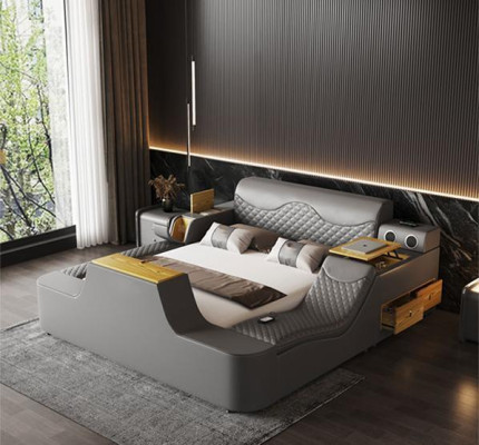 Cama doble de lujo de cuero con masaje, camas acolchadas de hotel modernas con Bluetooth.