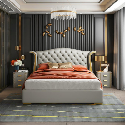 Cama de lujo de cuero, camas 180x200, cama de dormitorio, estanterías Chesterfield