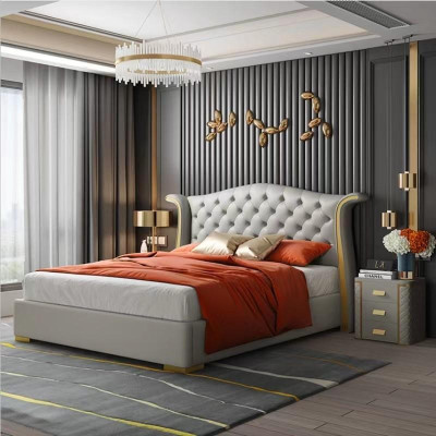 Cama de lujo de cuero, camas 180x200, cama de dormitorio, estanterías Chesterfield