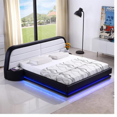 Cama de madera moderna con marco de cama y somier de láminas, cama doble LED de 269 cm.