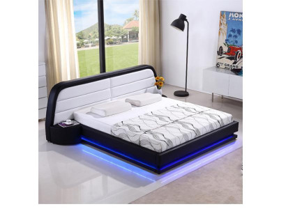 Cama de madera moderna con marco de cama y somier de láminas, cama doble LED de 269 cm.
