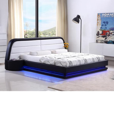 Cama de madera moderna con marco de cama y somier de láminas, cama doble LED de 269 cm.