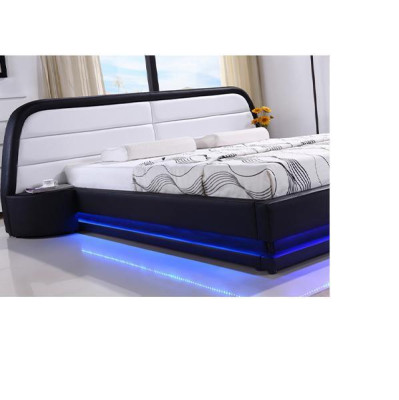 Cama de madera moderna con marco de cama y somier de láminas, cama doble LED de 269 cm.