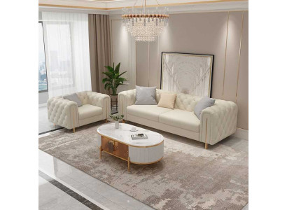 Conjunto de sala de estar de 2 piezas con sofá de tres plazas moderno y sillón de cuero.