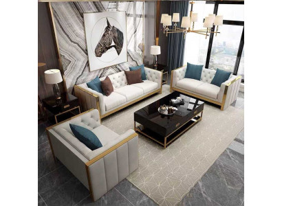 Conjunto de sala de estar Sofá 3+1 plazas lujoso diseño de sofás blanco de cuero nuevo.