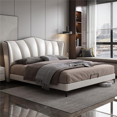 Dormitorio Cama Cuero Estilo de lujo Cama doble beige Muebles de cama Mobiliario