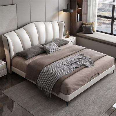Dormitorio Cama Cuero Estilo de lujo Cama doble beige Muebles de cama Mobiliario
