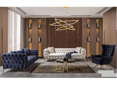 Conjunto de sofá Chesterfield de tres plazas y sillón azul de lujo, set de 3 piezas 3+3+1