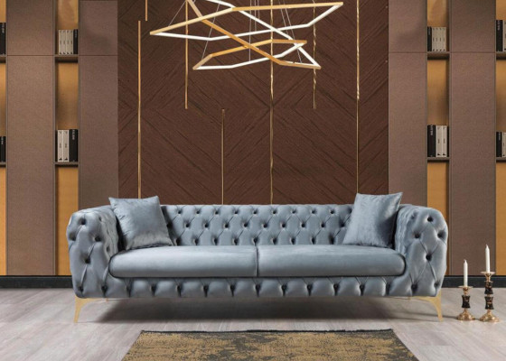 Conjunto de sofá Chesterfield de tres plazas y sillón azul de lujo, set de 3 piezas 3+3+1