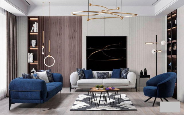 Tresillo de lujo azul de tres plazas Sofá moderno Muebles de salón de acero inoxidable