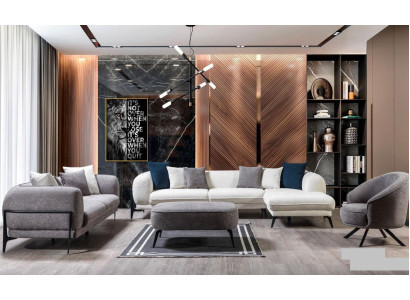 Conjunto de sofás modernos en forma de L con sofá esquinero de tres plazas y sillón. Muebles de tela. 