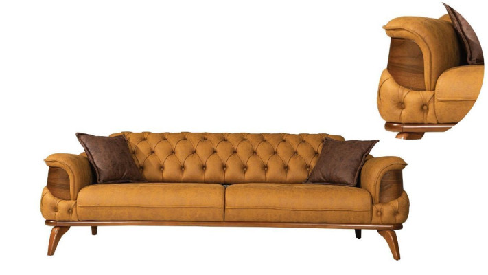 Sofá de tres plazas moderno, diseño amarillo de cuero Chesterfield para la sala de estar.