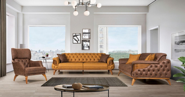 Sofá de tres plazas moderno, diseño amarillo de cuero Chesterfield para la sala de estar.