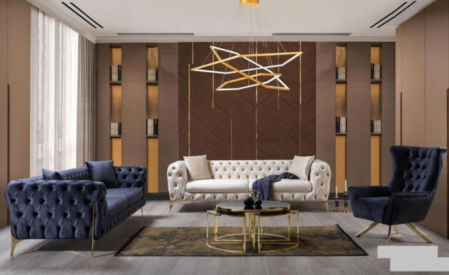 Sofá de lujo de tres plazas Chesterfield con patas de acero inoxidable azul, muebles de diseño nuevos.
