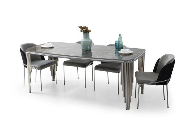 Mesa de comedor gris Grupo de lujo para la cena Sillas de comedor Credenza de 6 piezas