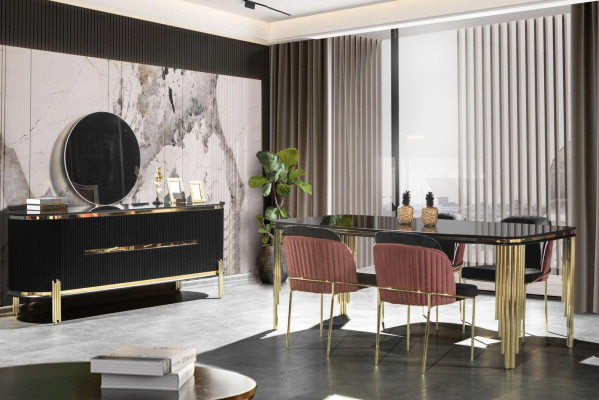 Comedor Negro Oro Juego de mesa Muebles Esquina de comedor Sillas Aparador 6 piezas